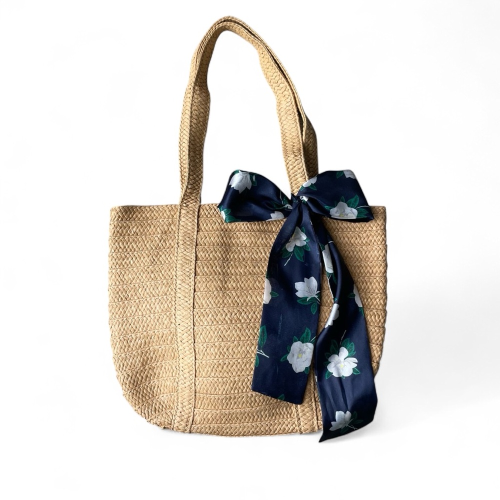 Draper James Straw Tote Bag Blue Magnolia Scarf